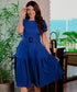 Puffed Sleeve Linen Blue Dress